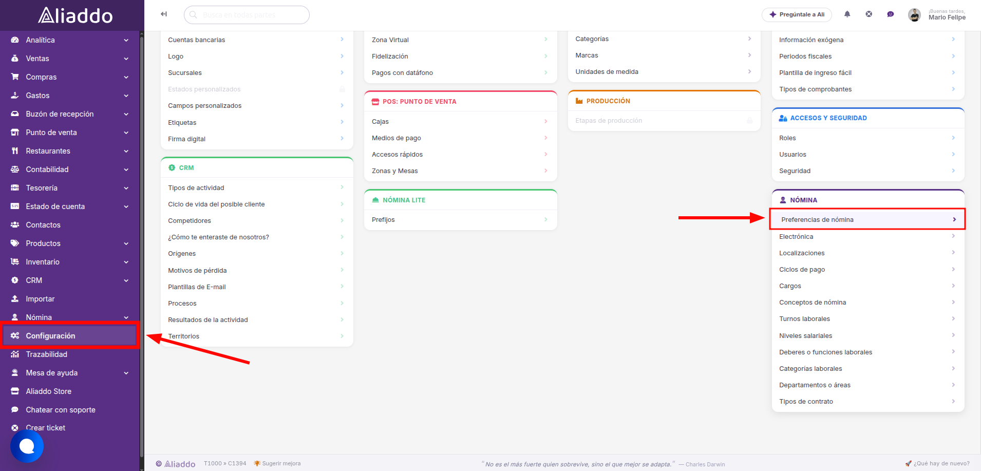 Acceso a la pestaña Preferencias en la configuración de Nómina