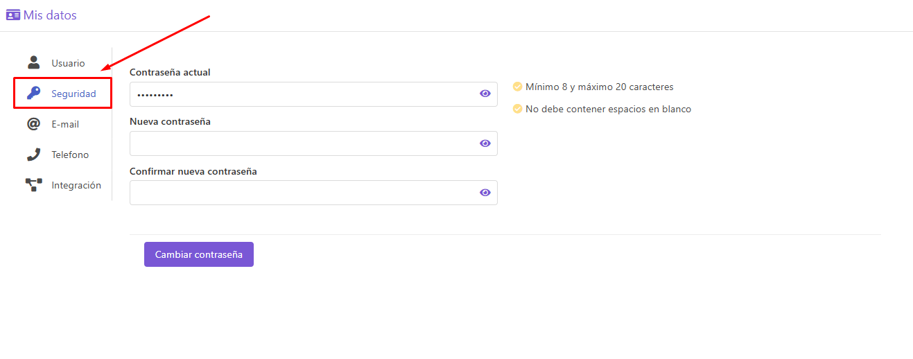 Pestaña Seguridad en Mis datos
