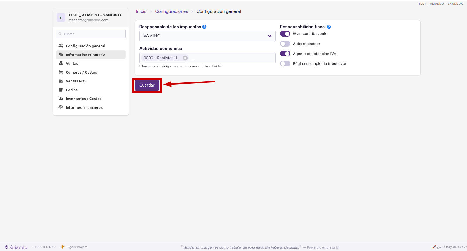 Botón Guardar en Configuración de Información tributaria
