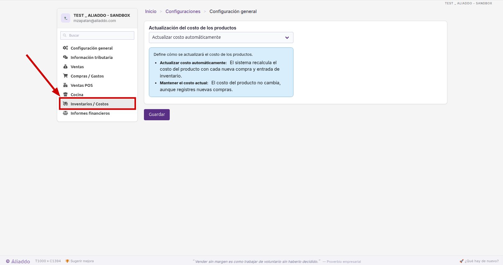 Pestaña Inventarios / Costos en Configuración general