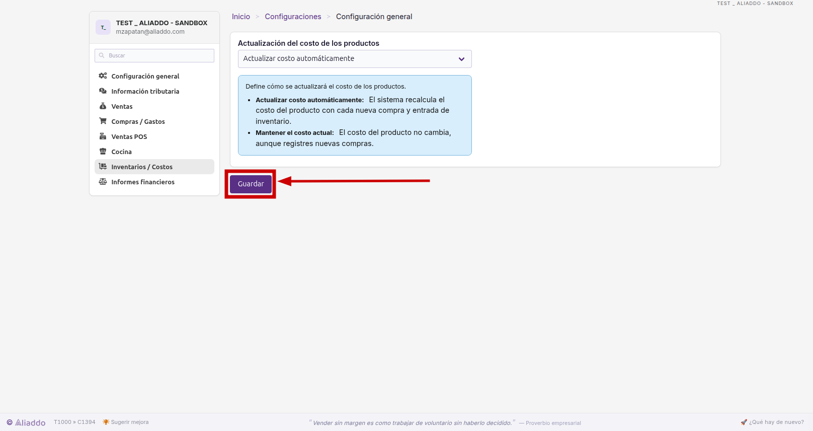 Botón Guardar en Configuración de Inventarios / Costos