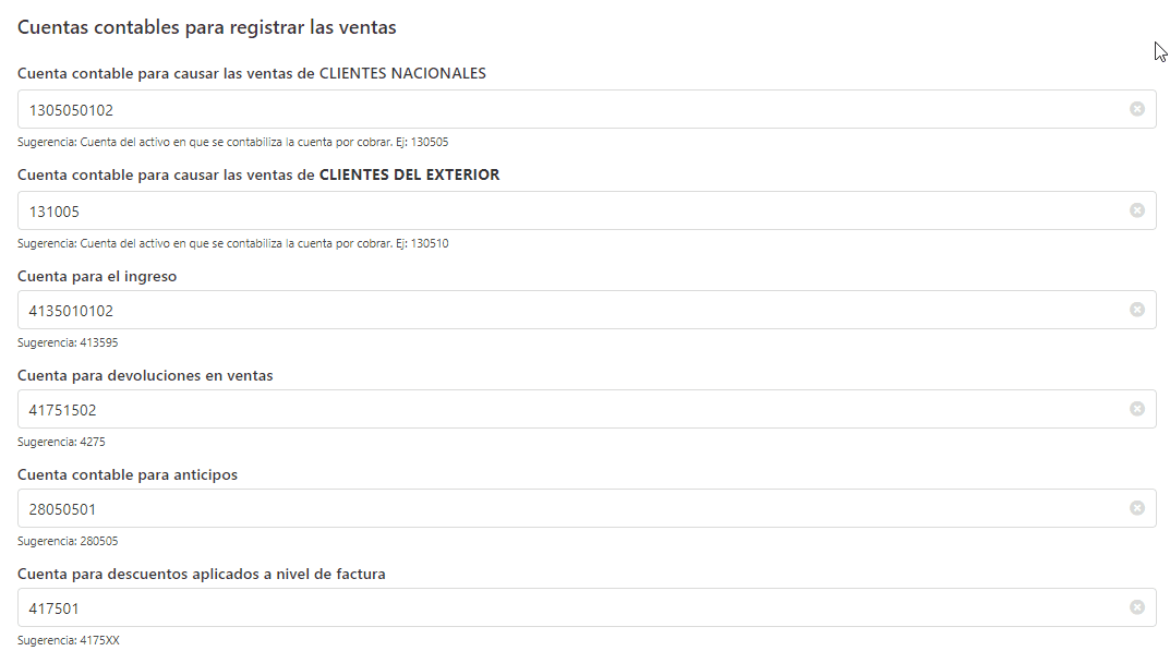 Asignar cuentas contables para ventas