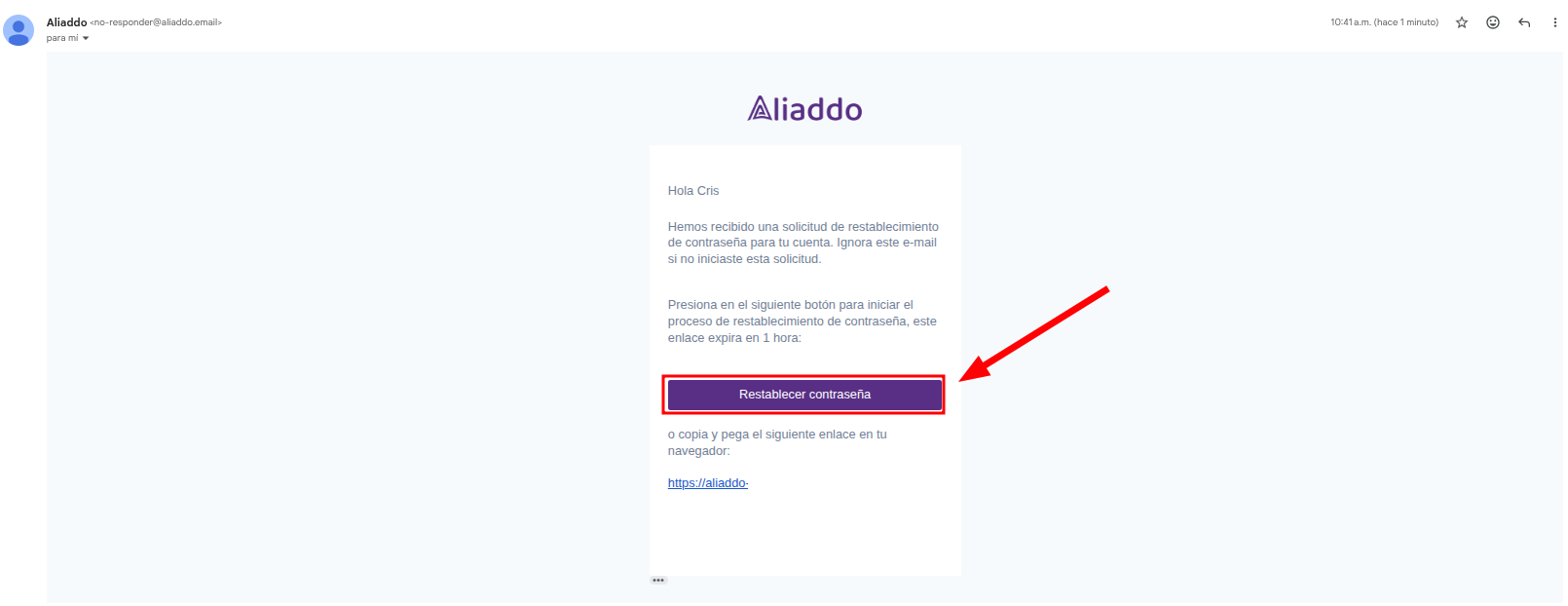 Correo Restaura tu contraseña con el botón Restablecer contraseña