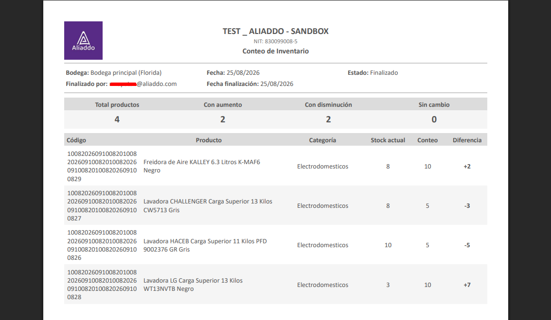 Comprobante PDF del conteo de inventario