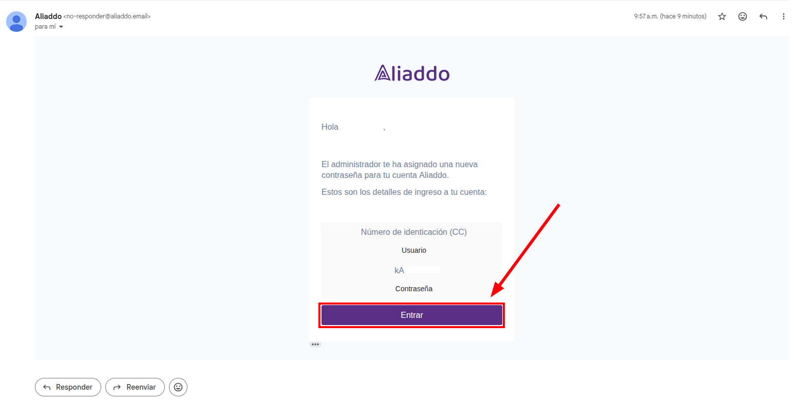 Correo con credenciales de acceso al portal de empleados