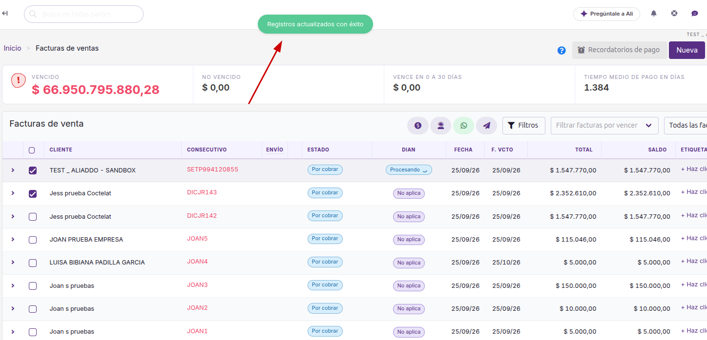 Mensaje Registros actualizados con éxito