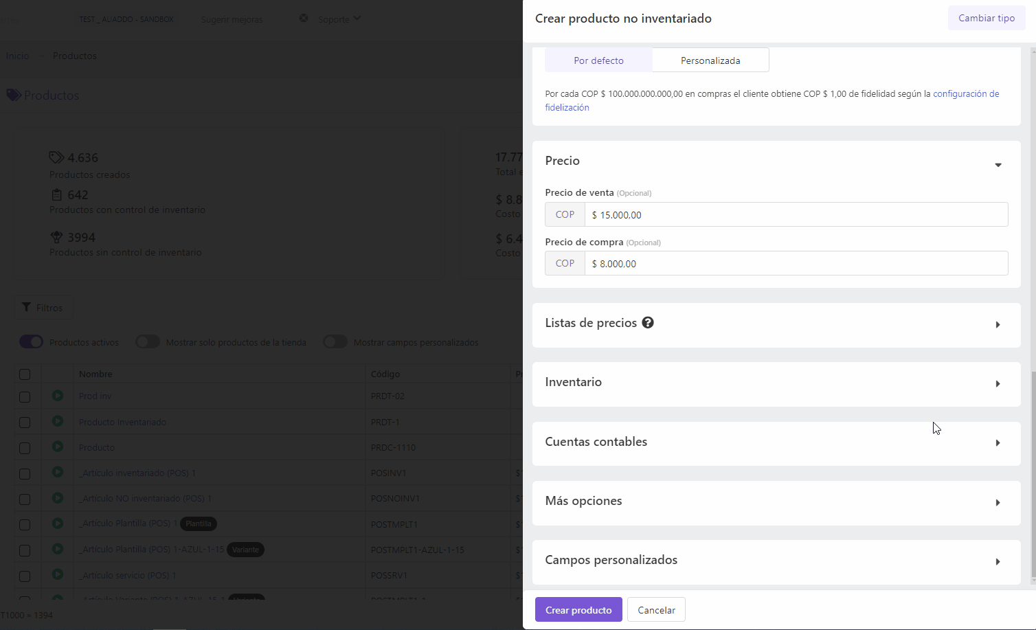 Guardar producto no inventariado