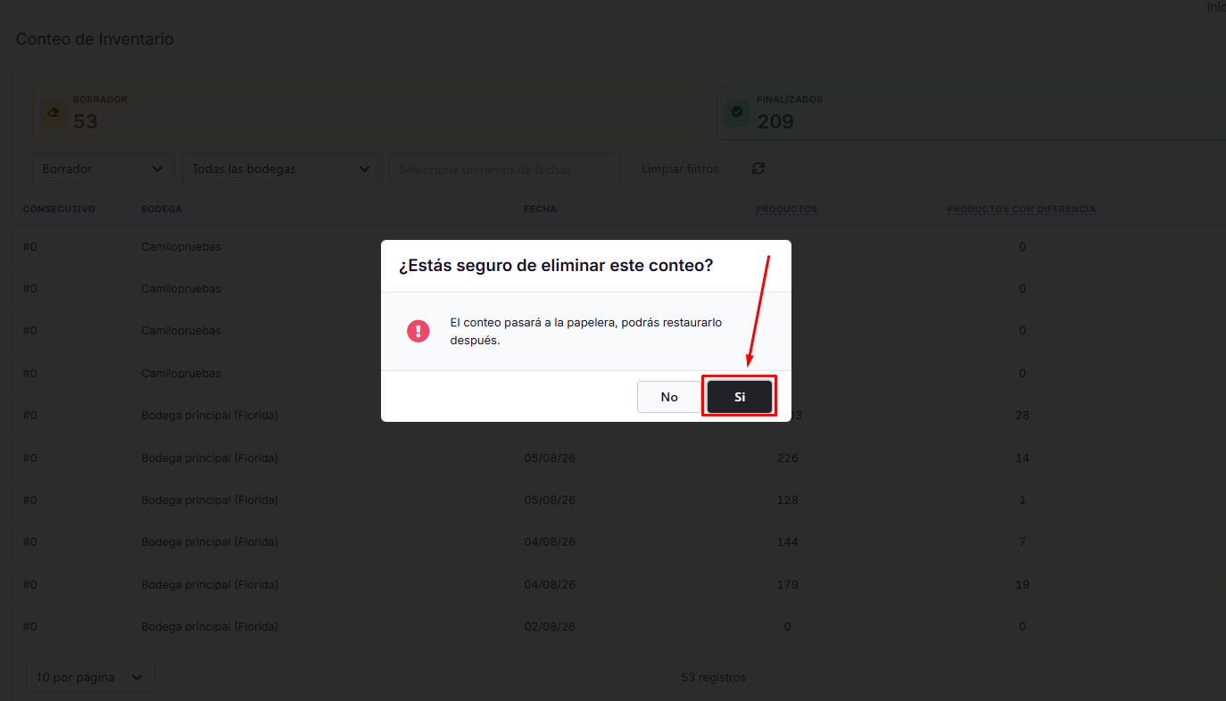 Confirmar eliminación del conteo