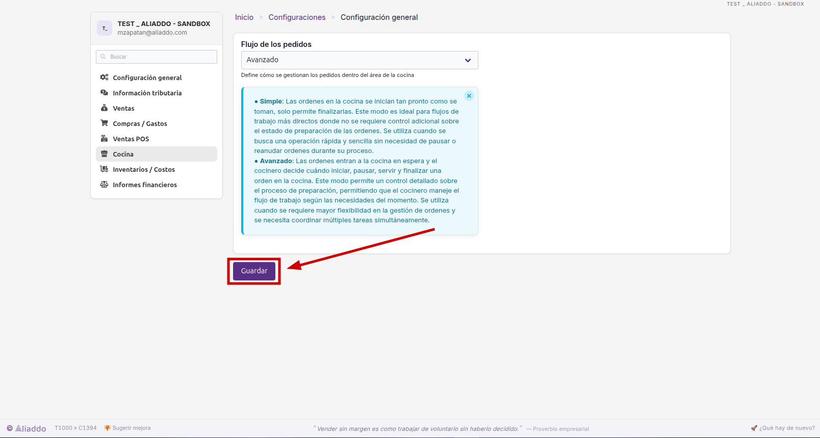 Botón Guardar en Configuración de Cocina