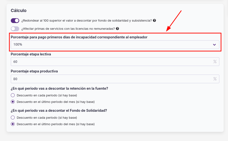 Sección Cálculo de las preferencias de nómina