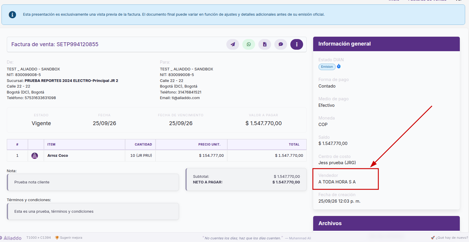 Vendedor actualizado en la vista del documento