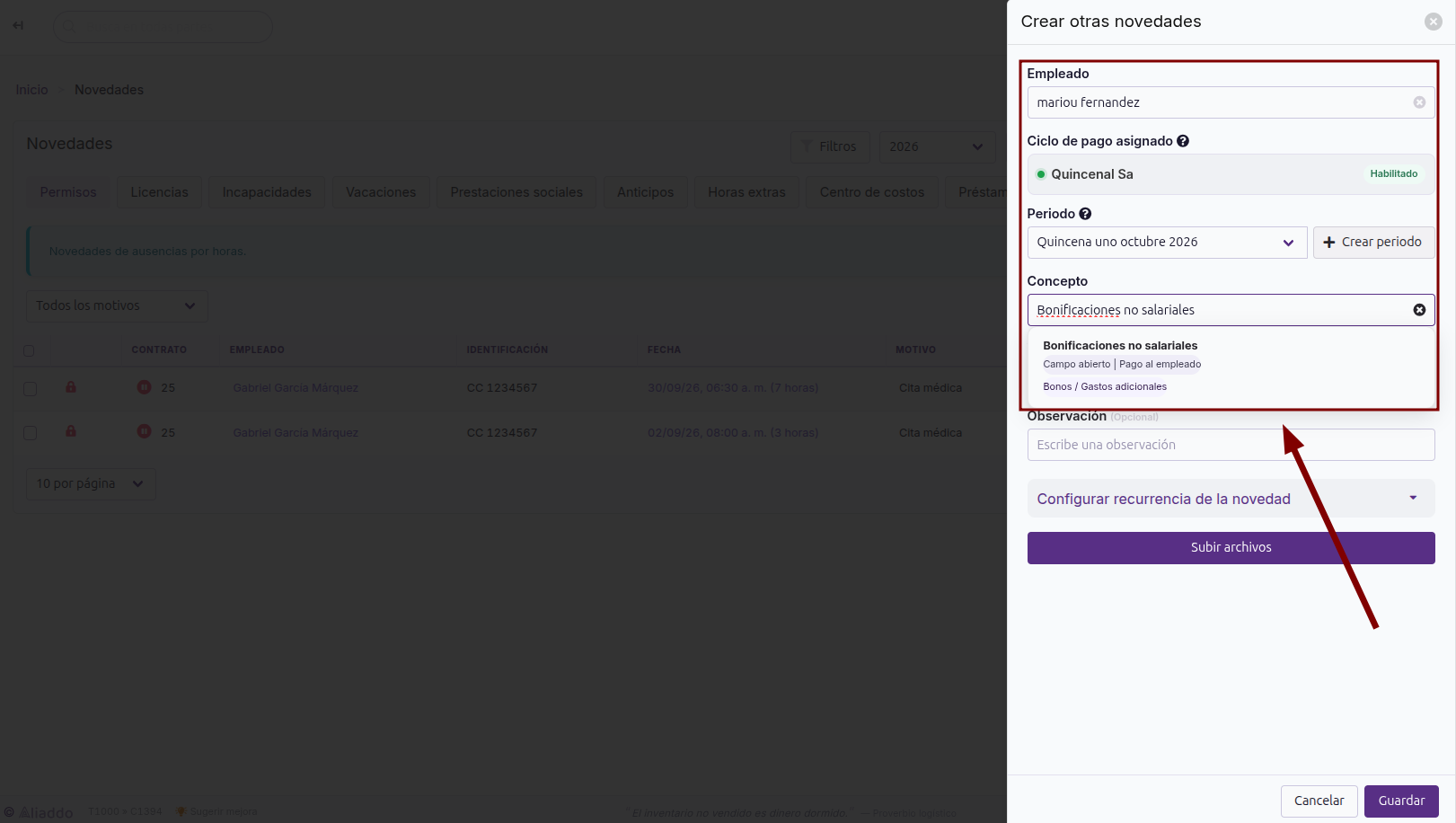 Buscador de Concepto mostrando Bonificaciones no salariales