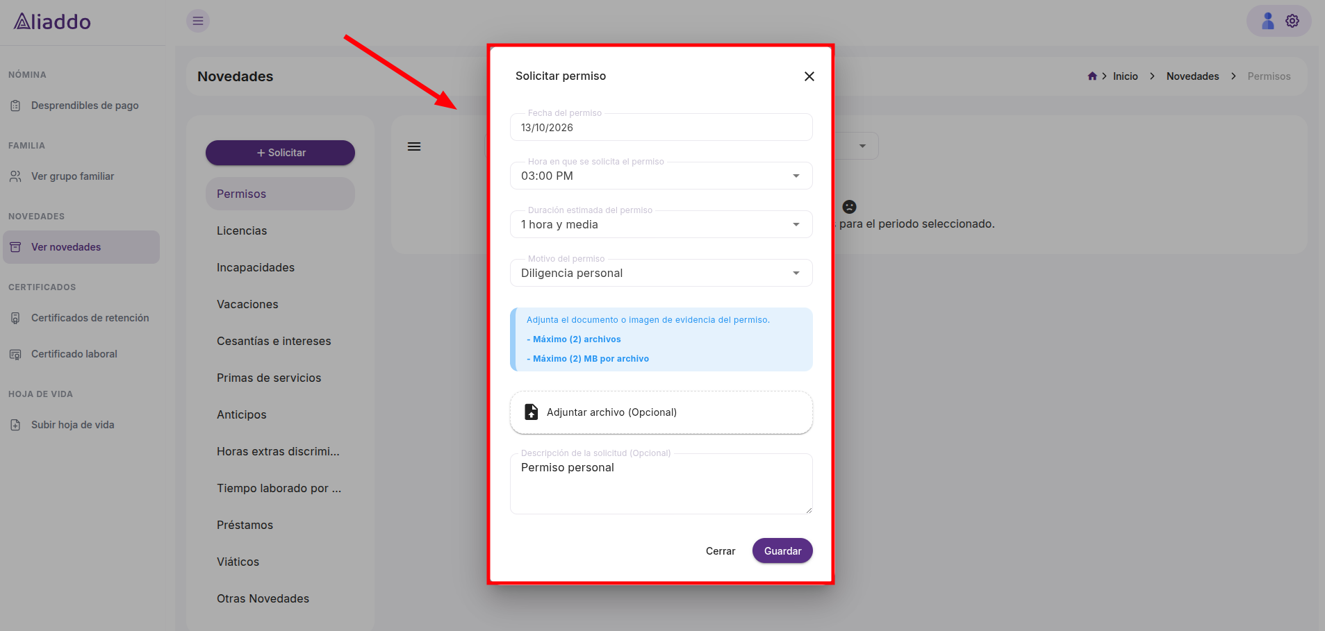 Selector de motivo del permiso desplegado con las opciones disponibles