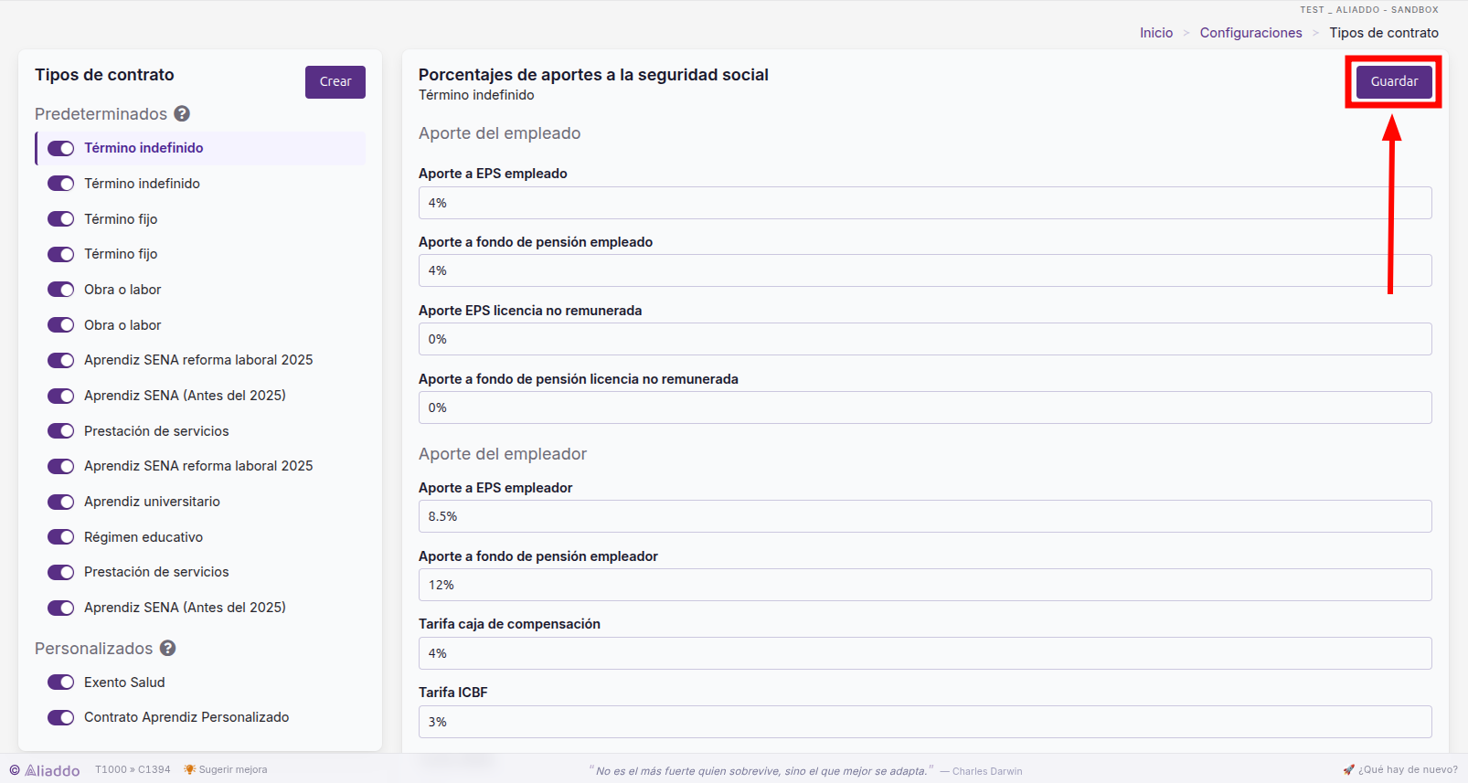 Botón Guardar en el panel de porcentajes