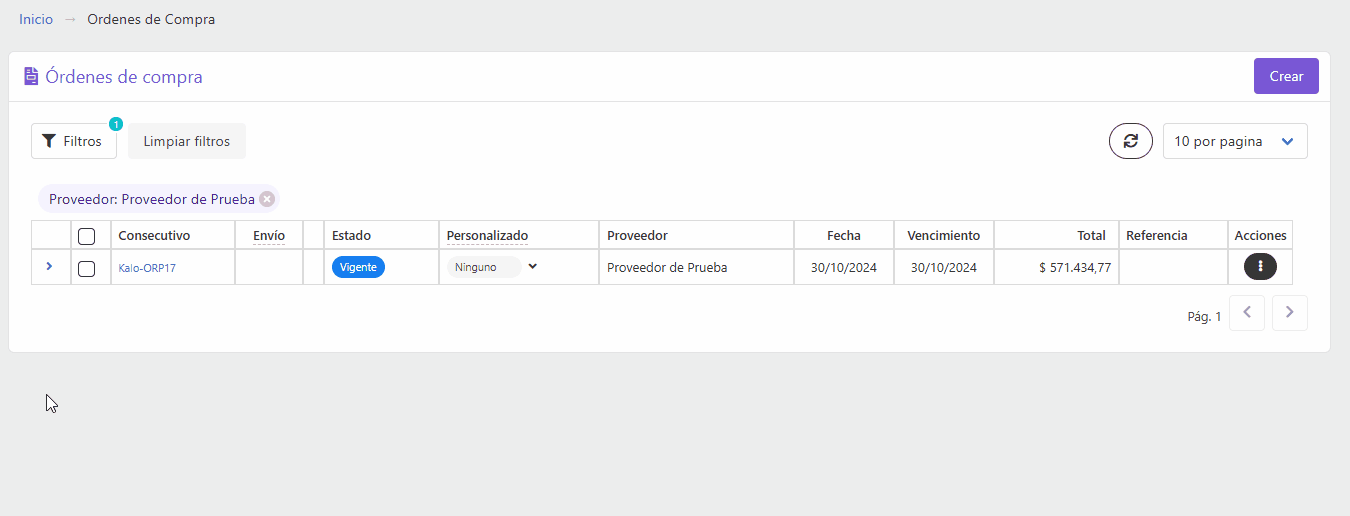 Acciones de la orden de compra