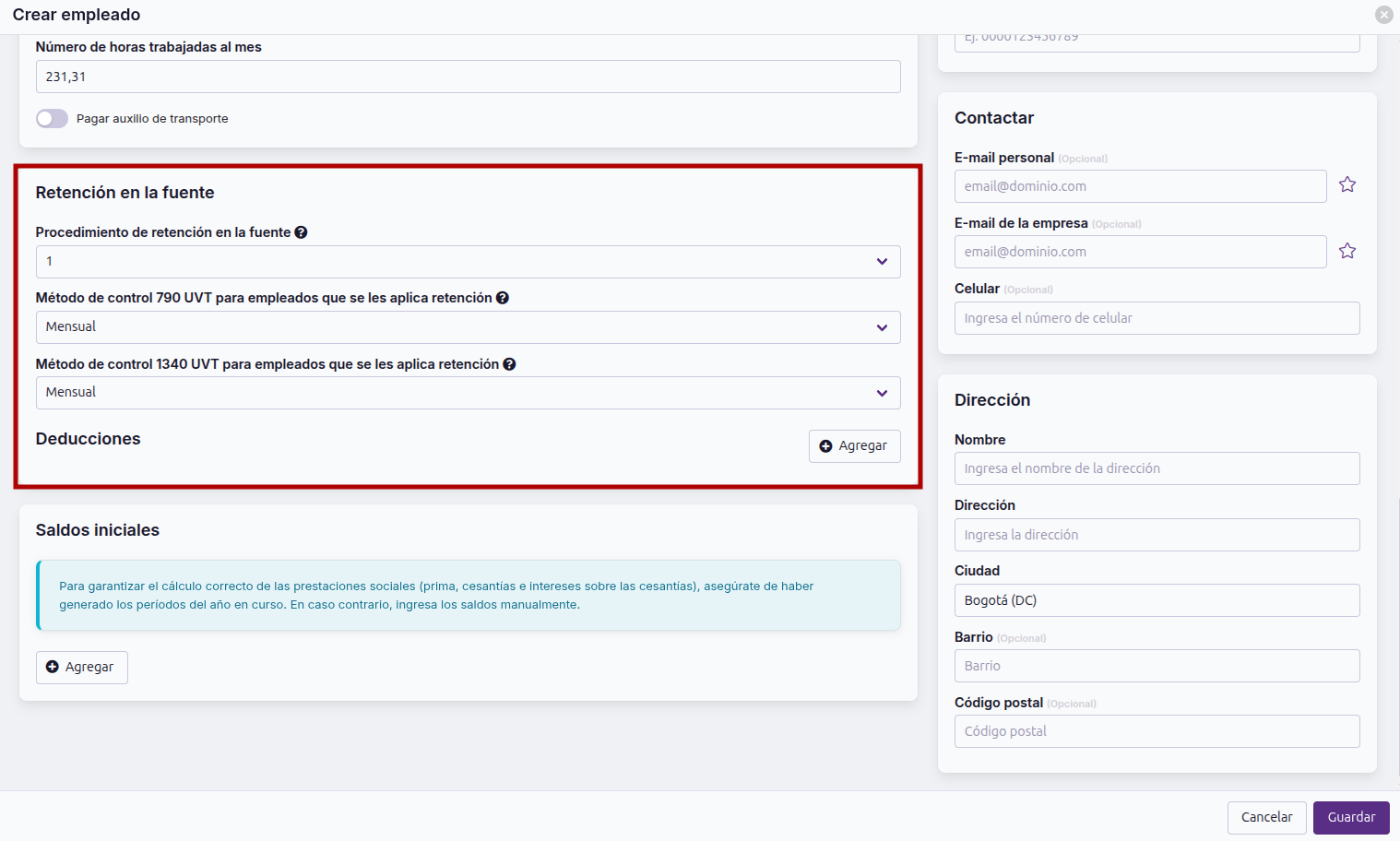 Selector de Procedimiento de retención en la fuente con sus opciones