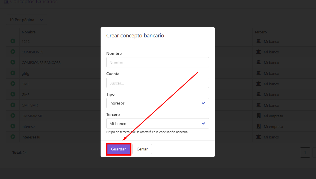 Guardar concepto bancario