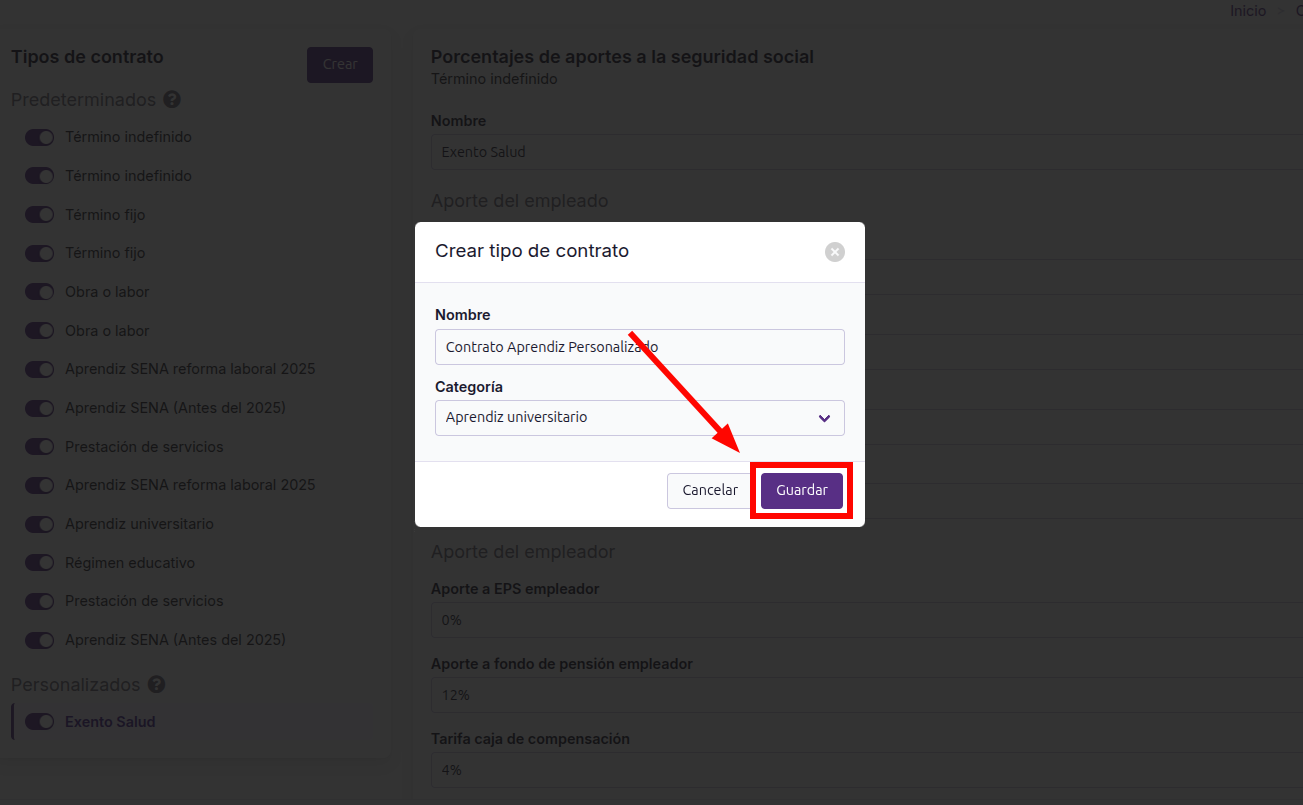 Formulario Crear tipo de contrato