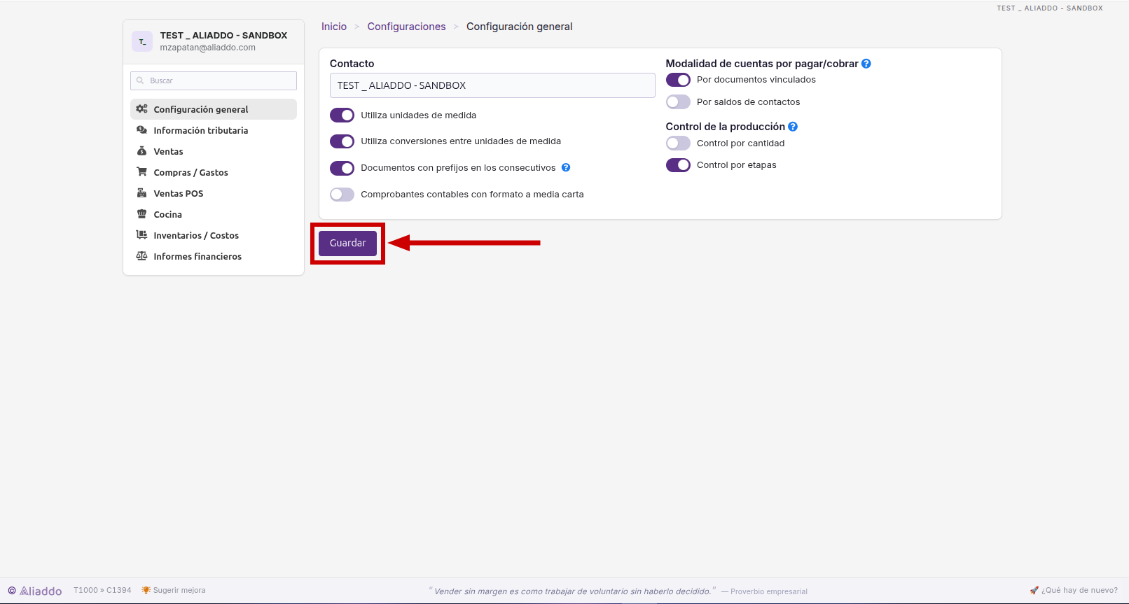 Botón Guardar en Configuración general