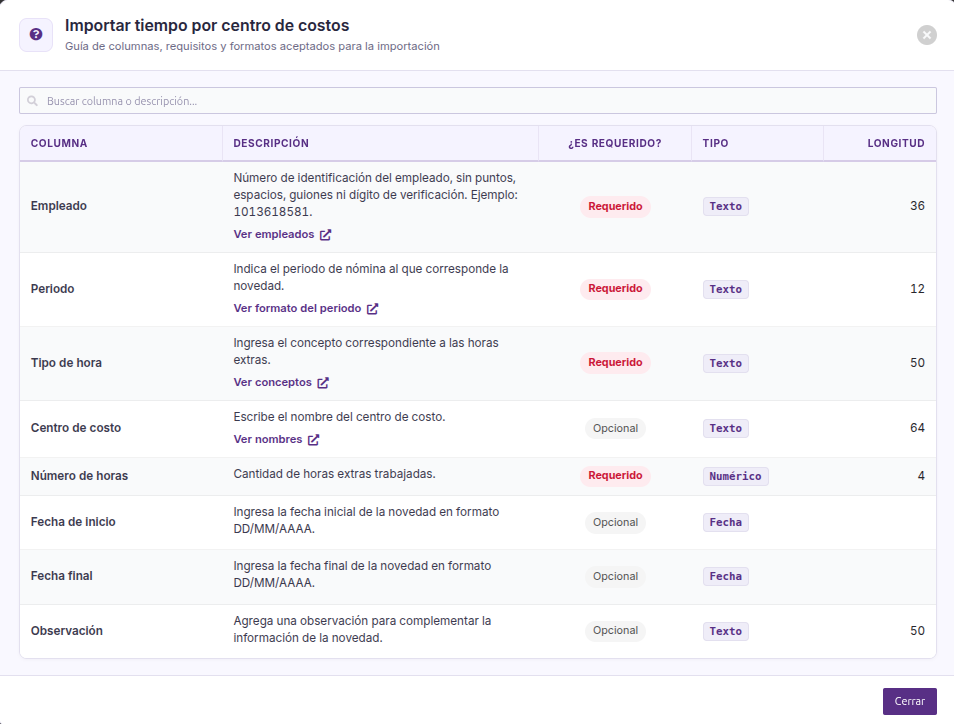 Guía de importación de horas por centro de costos con sus columnas