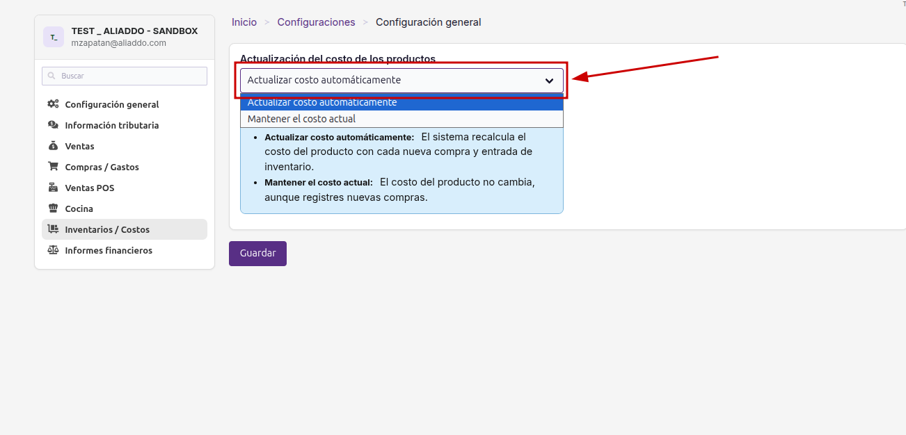 Opciones de actualización del costo