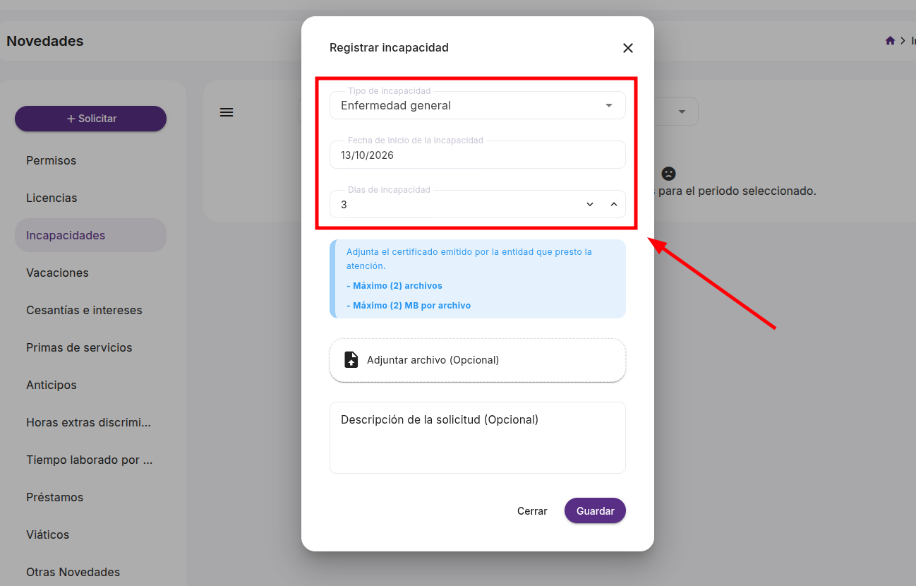 Selector de tipo de incapacidad desplegado con las opciones disponibles