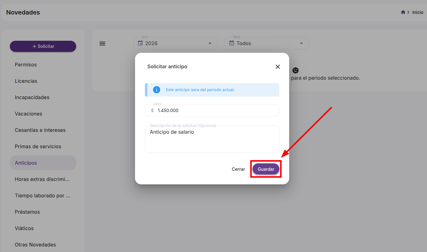 Formulario Solicitar anticipo con descripción de la solicitud
