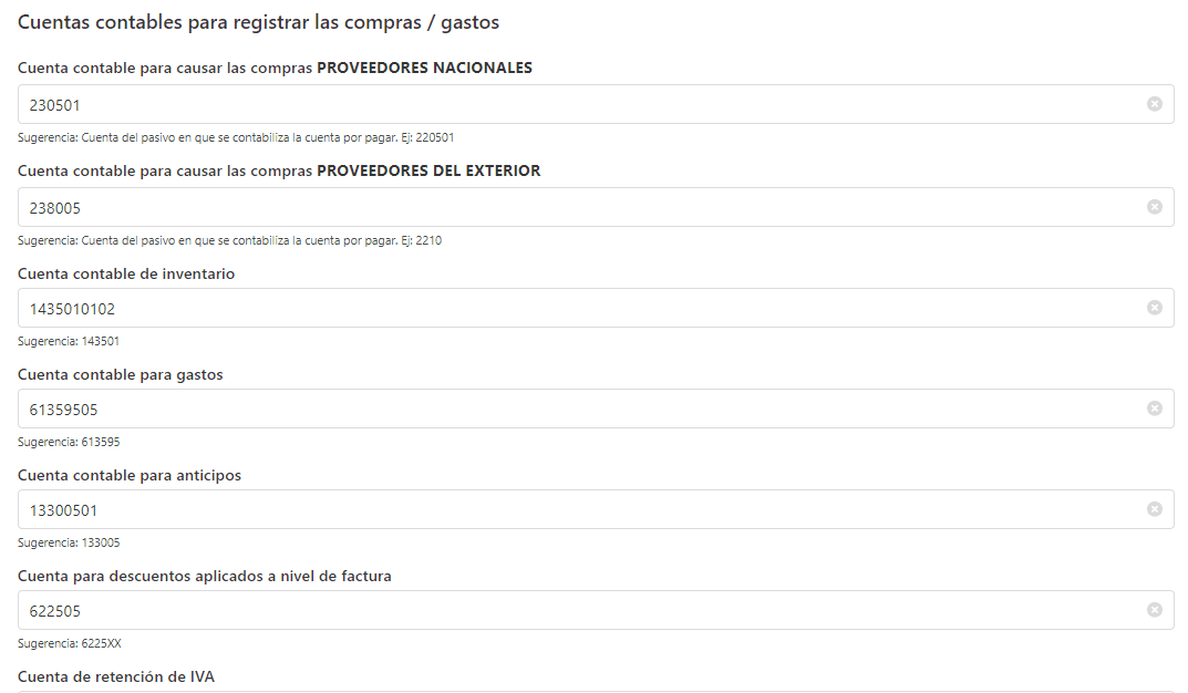 Asignar cuentas contables para compras