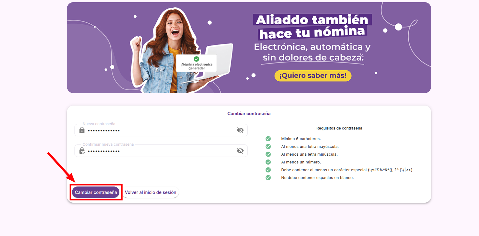 Pantalla Cambiar contraseña con los requisitos de la nueva contraseña