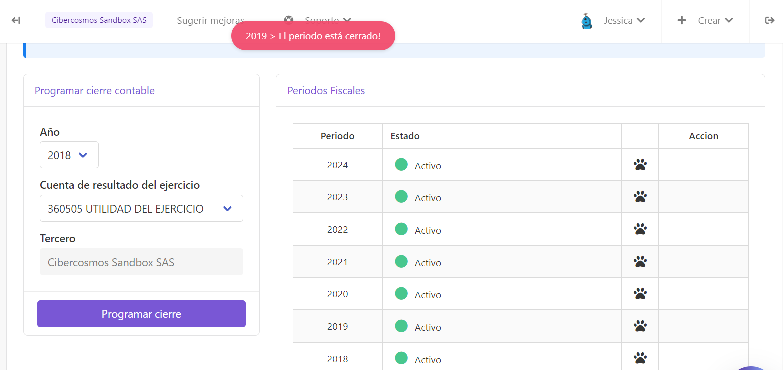 Aviso error cierre contable