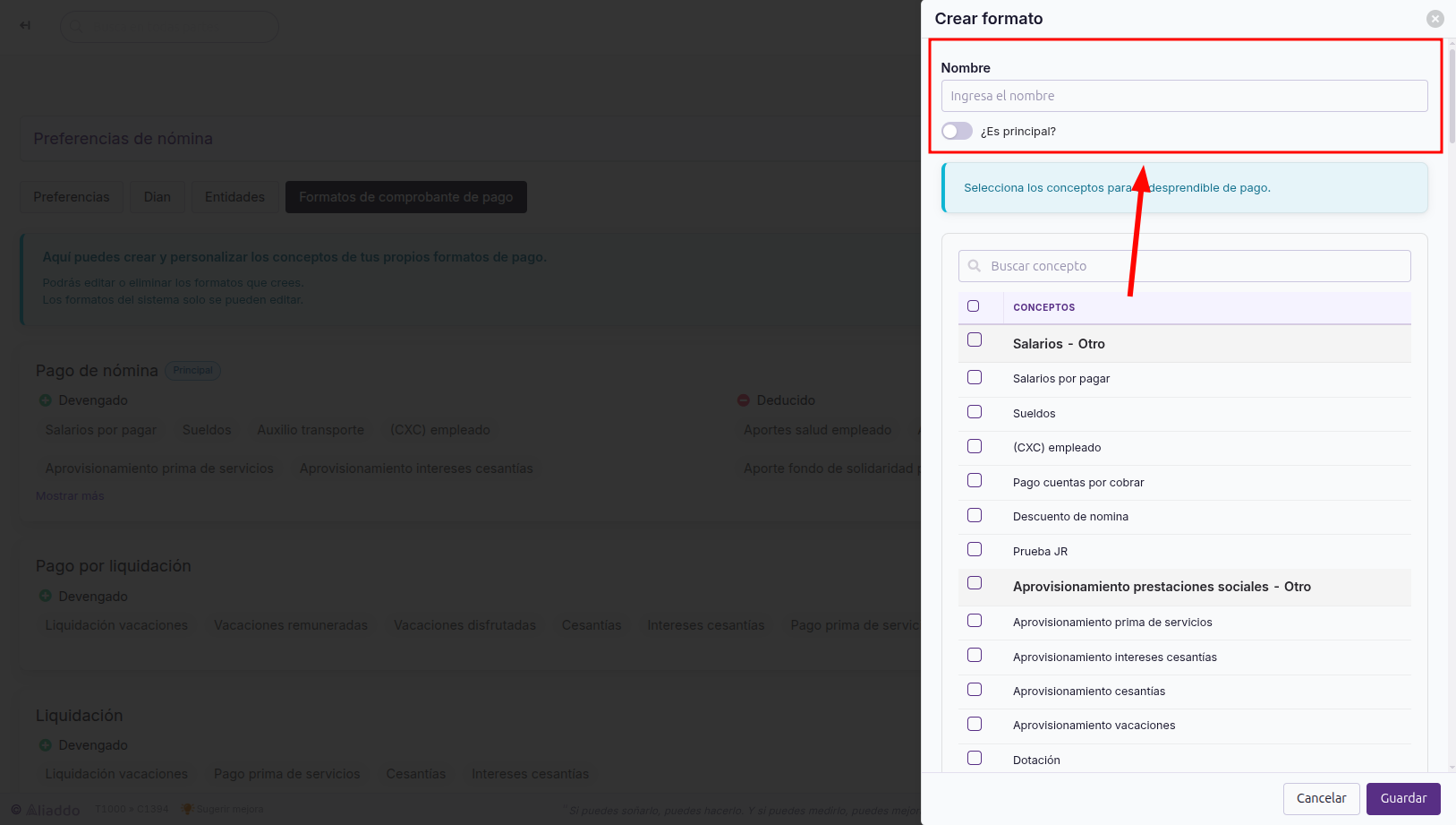 Panel Crear formato con los campos Nombre y ¿Es principal?