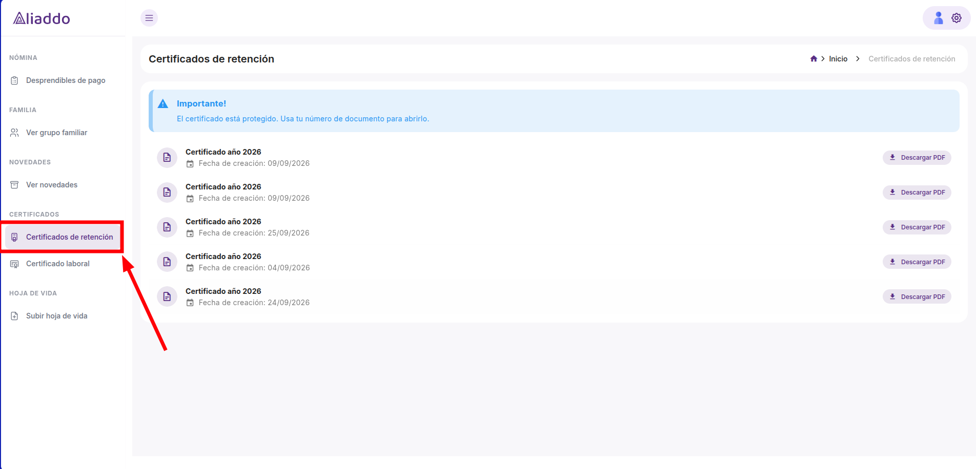 Listado de certificados de retención por año en el portal de empleados