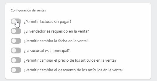 Configuración de venta