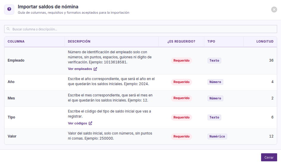 Guía de importación de saldos de nómina con sus columnas