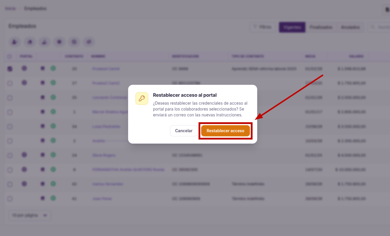 Ventana de confirmación Restablecer acceso al portal