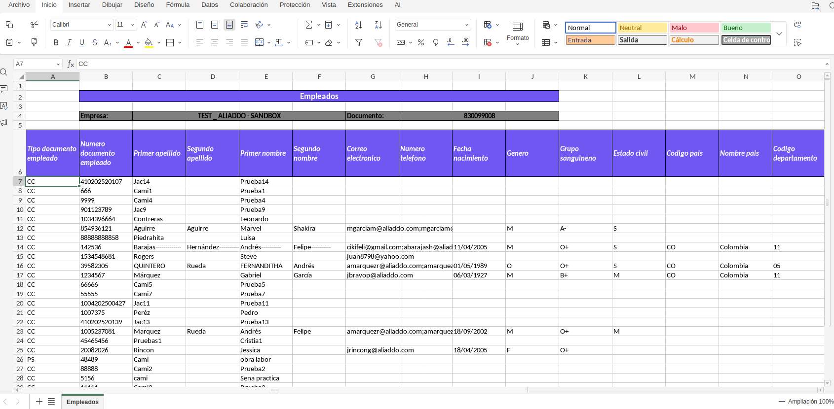 Archivo Excel exportado con el listado de empleados