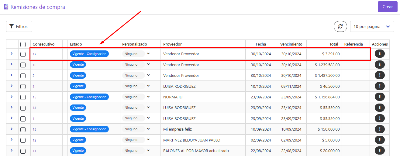 Estado Vigente-Consignación