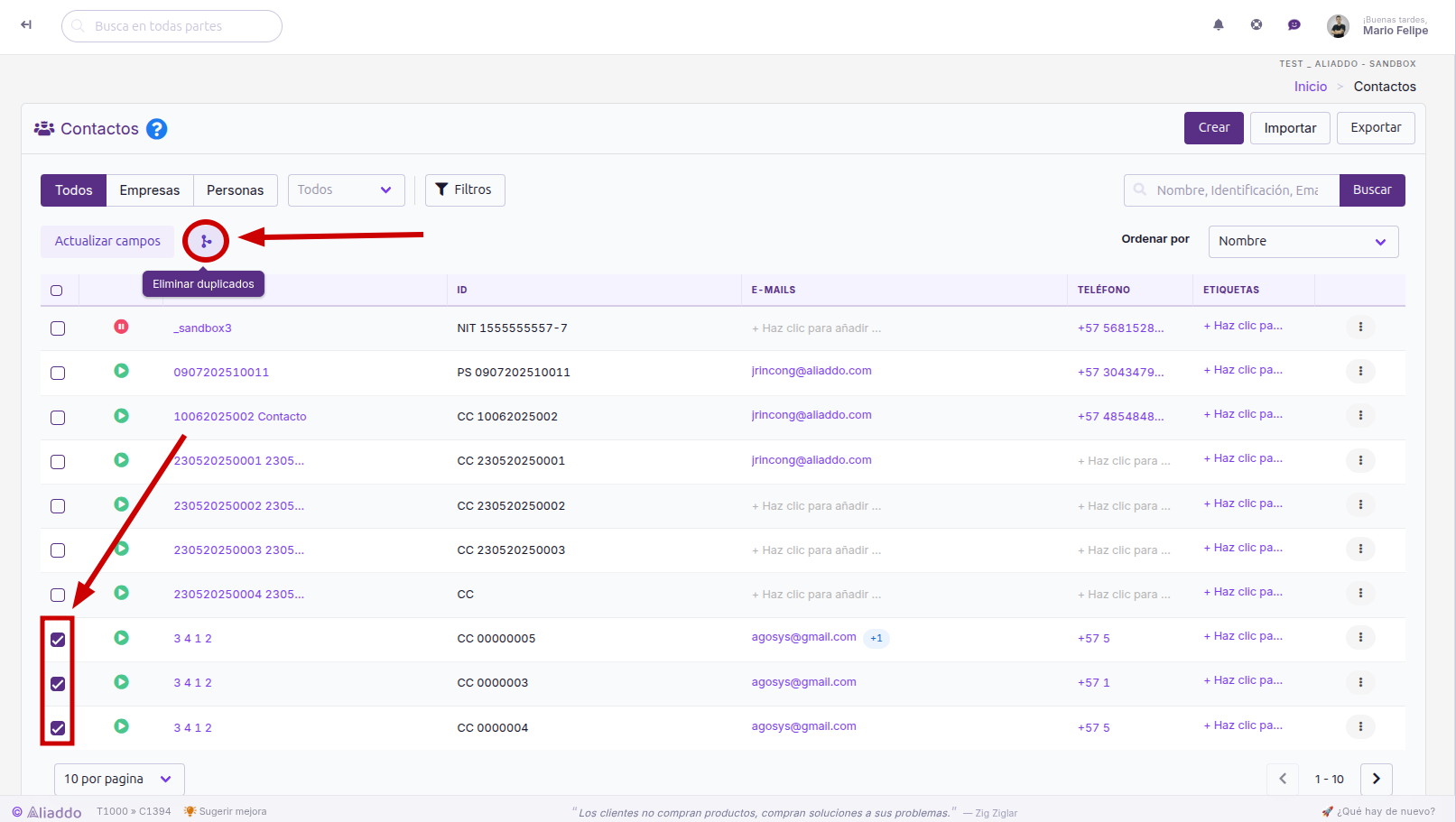 Ícono Eliminar duplicados junto a Actualizar campos