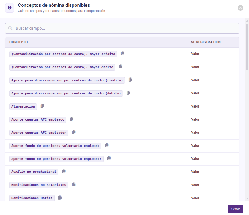 Lista de conceptos de nómina disponibles con la columna Se registra con