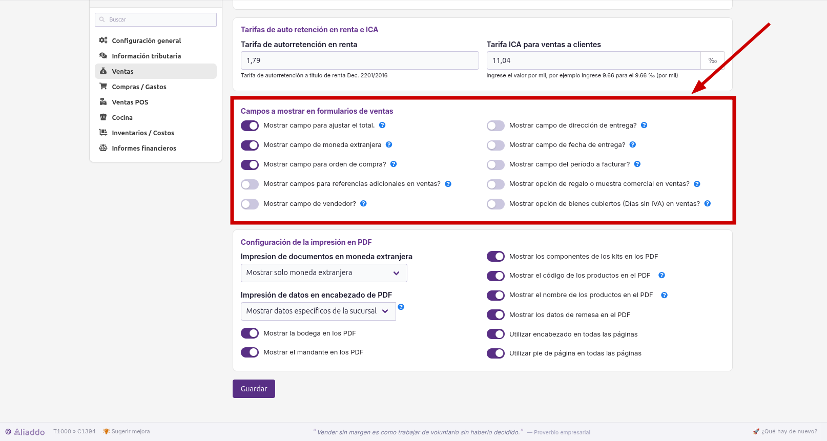 Interruptores de campos activados