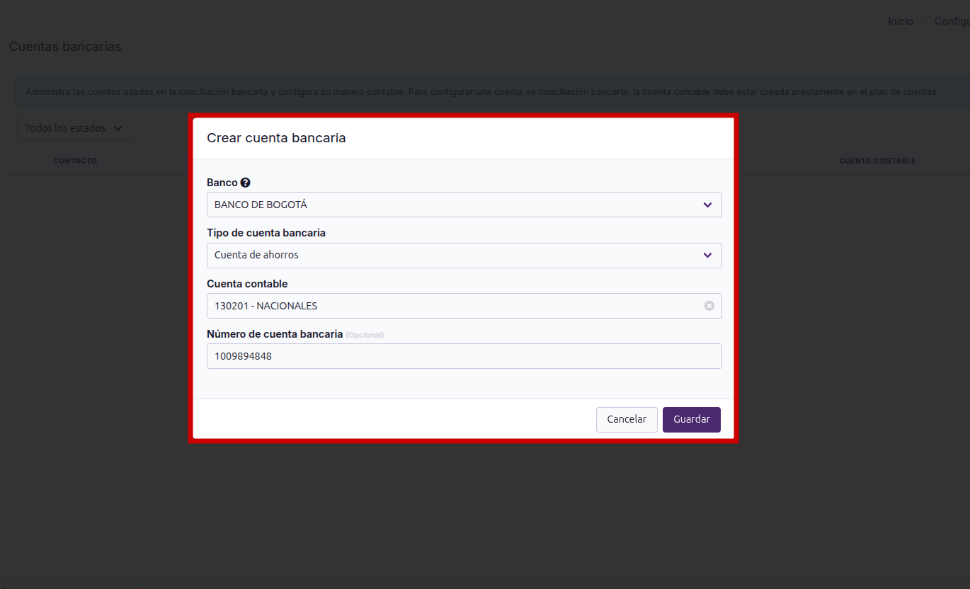 Formulario Crear cuenta bancaria diligenciado