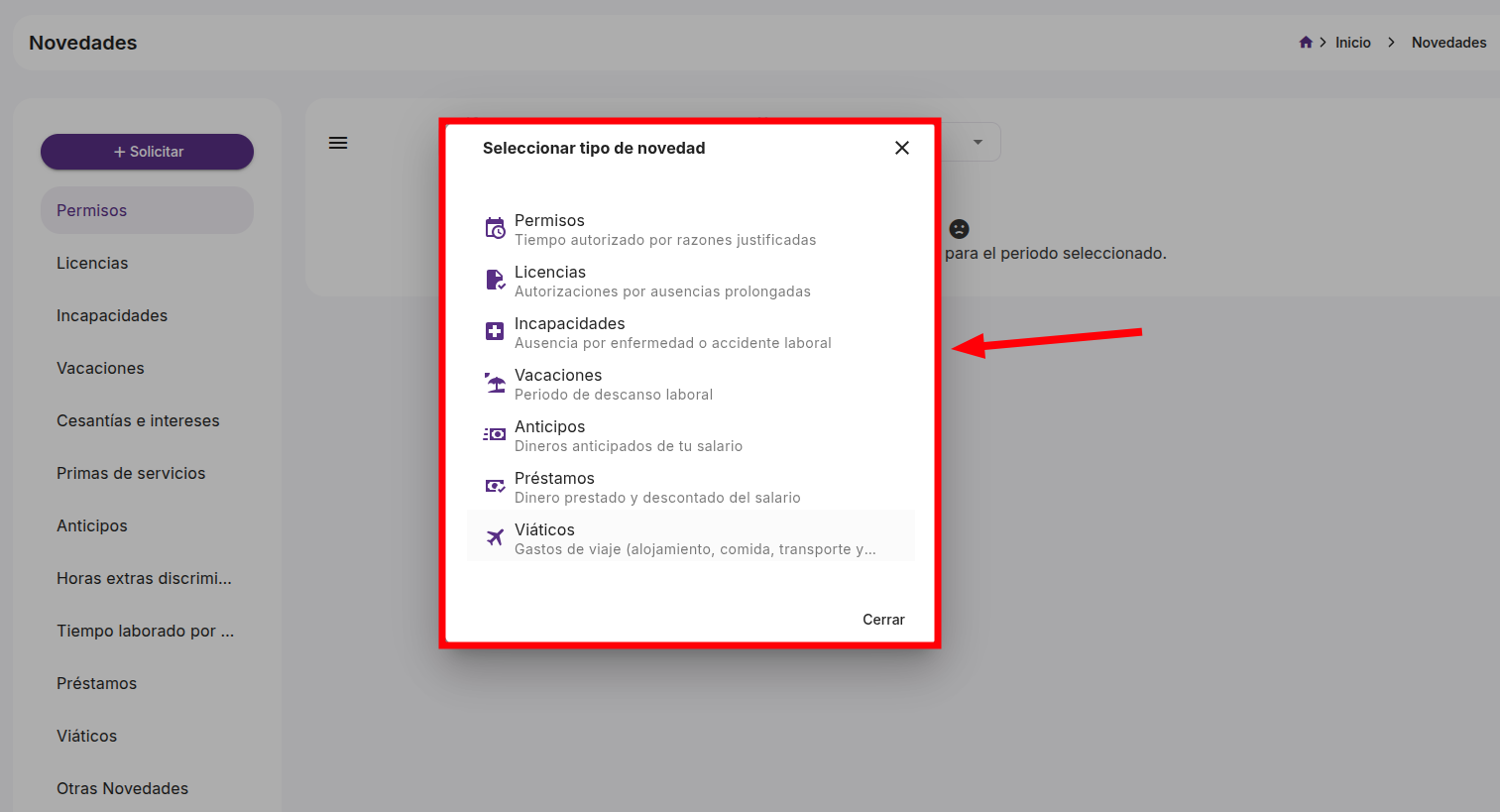 Modal Seleccionar tipo de novedad con los siete tipos disponibles