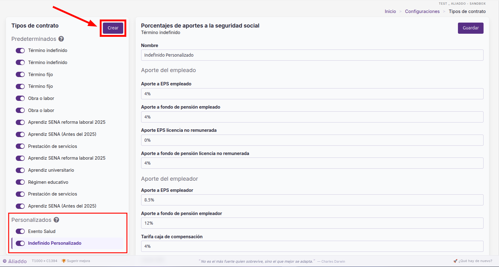 Botón Crear en Tipos de contrato