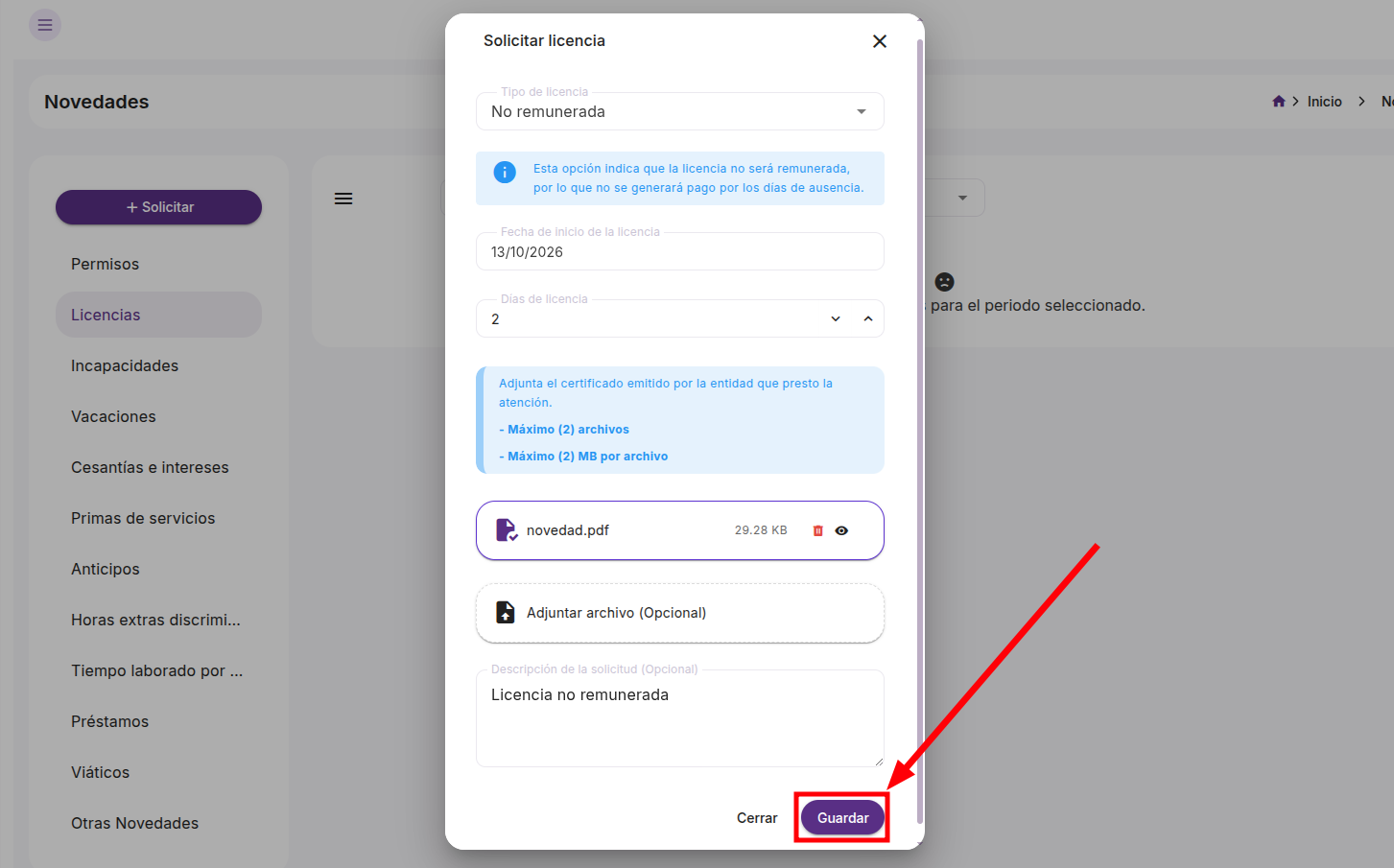 Formulario Solicitar licencia con campos de adjuntar archivo y descripción de la solicitud