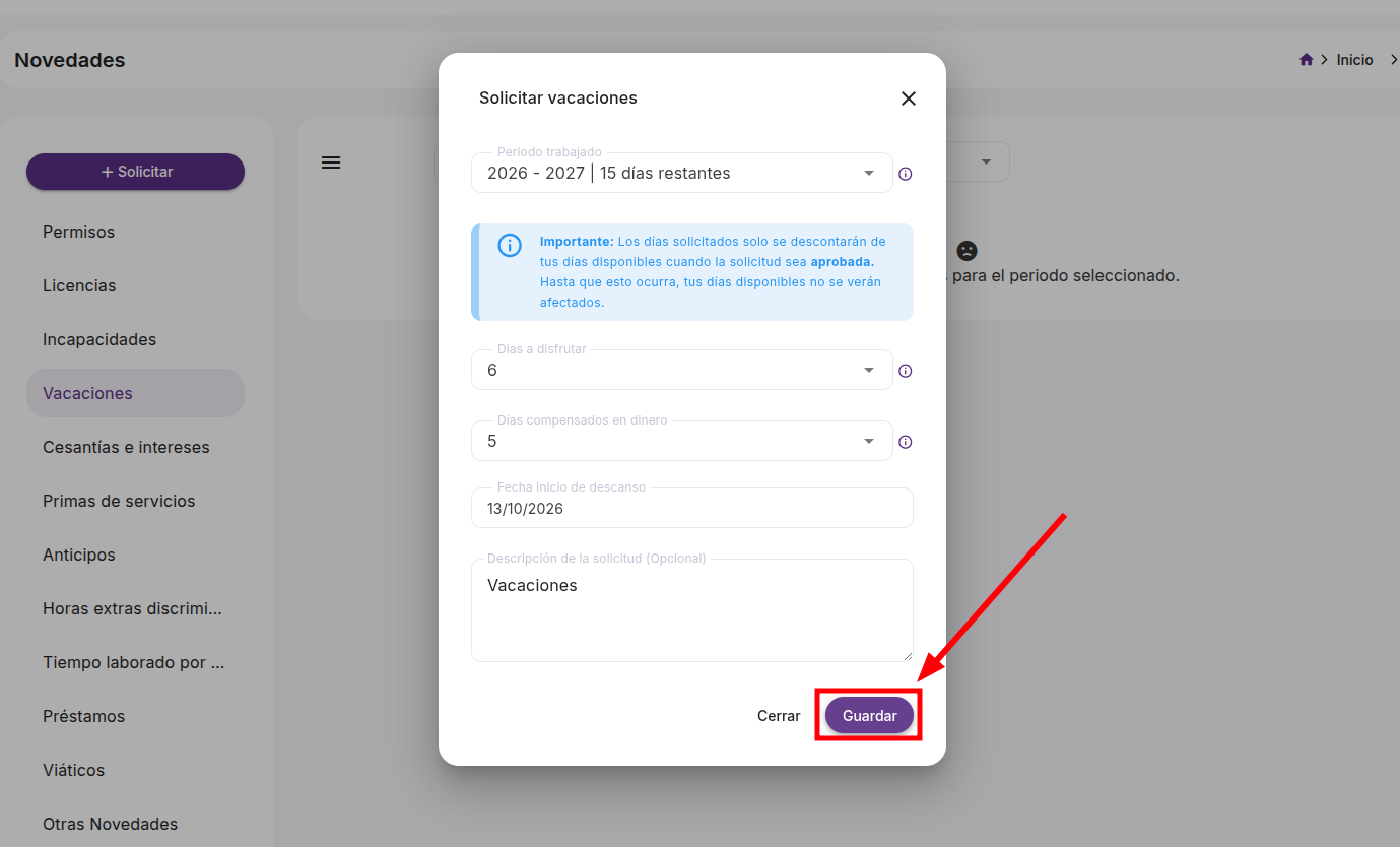 Formulario Solicitar vacaciones con descripción de la solicitud