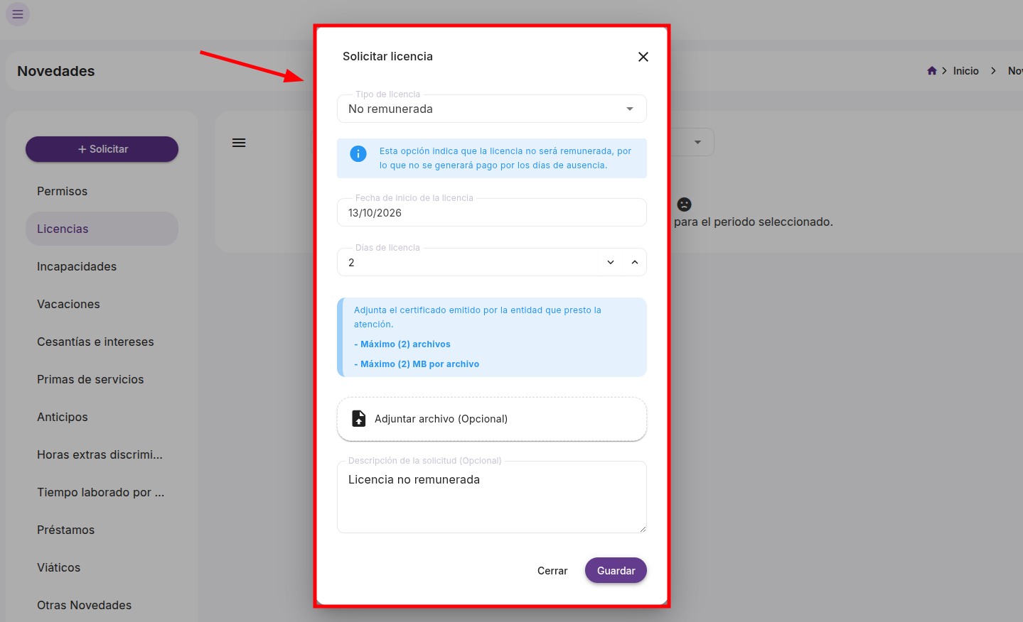 Selector de tipo de licencia desplegado con las opciones disponibles