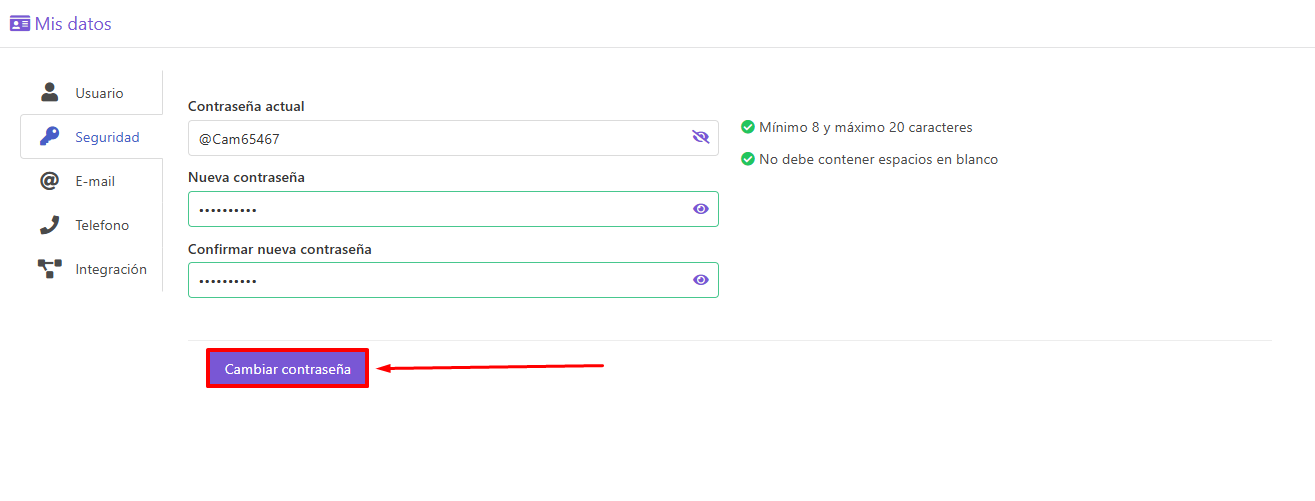 Formulario cambiar contraseña
