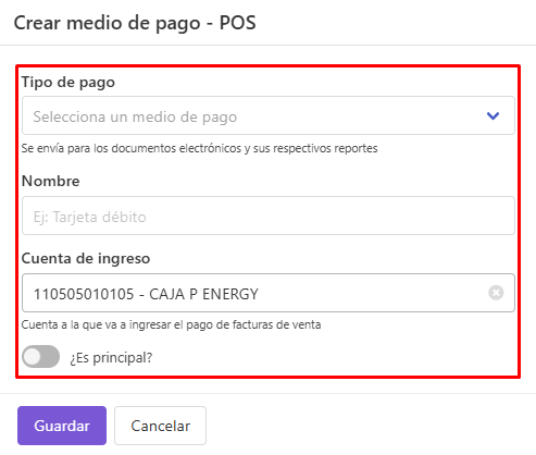 Formulario crear medio de pago