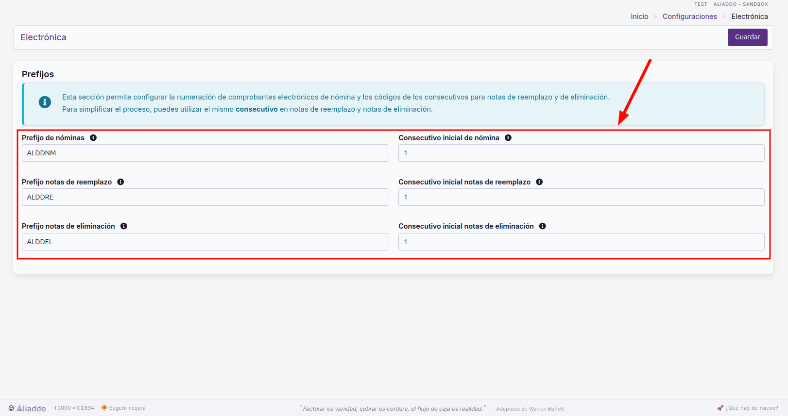 Sección Prefijos de la configuración de Electrónica