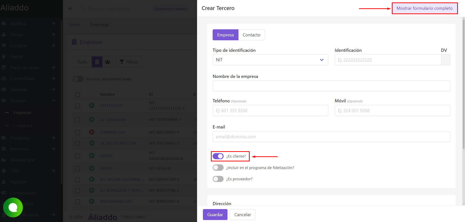 Formulario crear cliente